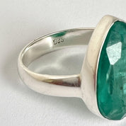 Raw Emerald Green Statement Ring, Large Faceted Teardrop Stone, Sterling Silver Bold Jewellery