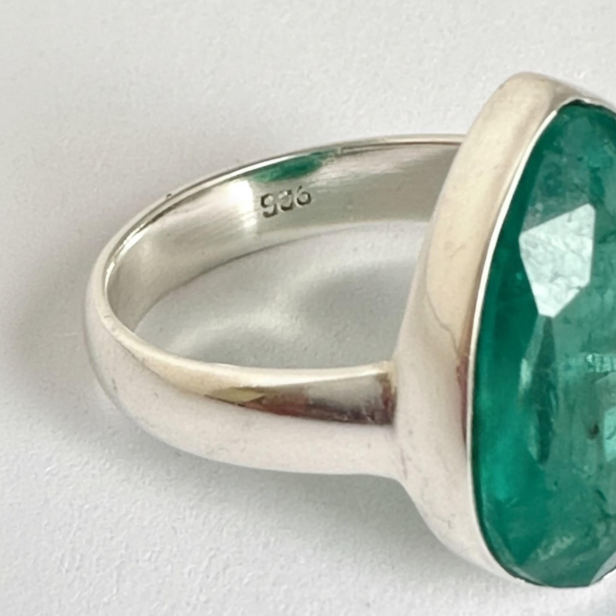 Raw Emerald Green Statement Ring, Large Faceted Teardrop Stone, Sterling Silver Bold Jewellery