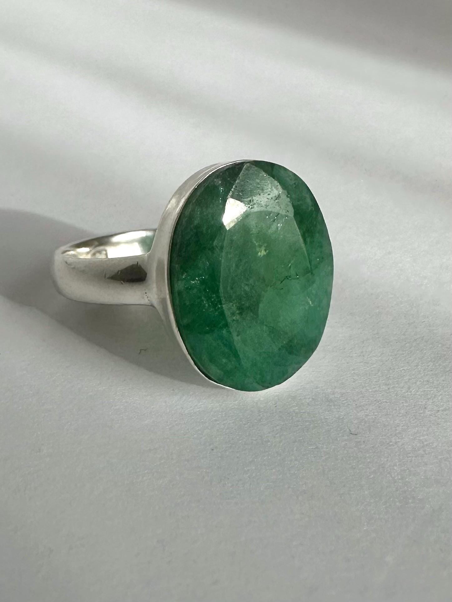 Raw Emerald Green Statement Ring, Large Faceted Oval Stone, Sterling Silver Bold Jewellery