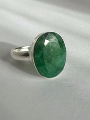 Raw Emerald Green Statement Ring, Large Faceted Oval Stone, Sterling Silver Bold Jewellery