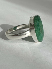 Raw Emerald Green Statement Ring, Large Faceted Oval Stone, Sterling Silver Bold Jewellery