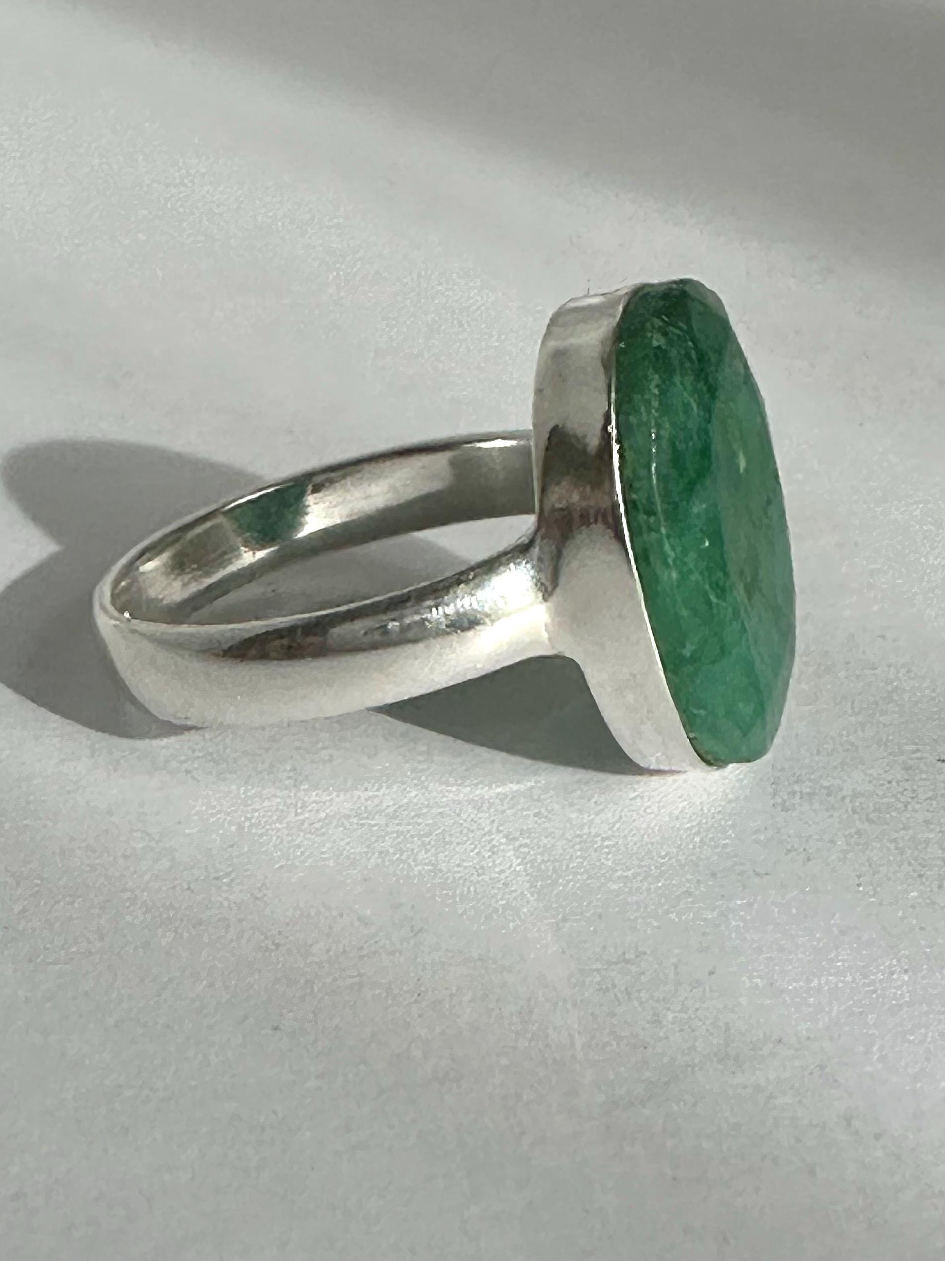Raw Emerald Green Statement Ring, Large Faceted Oval Stone, Sterling Silver Bold Jewellery