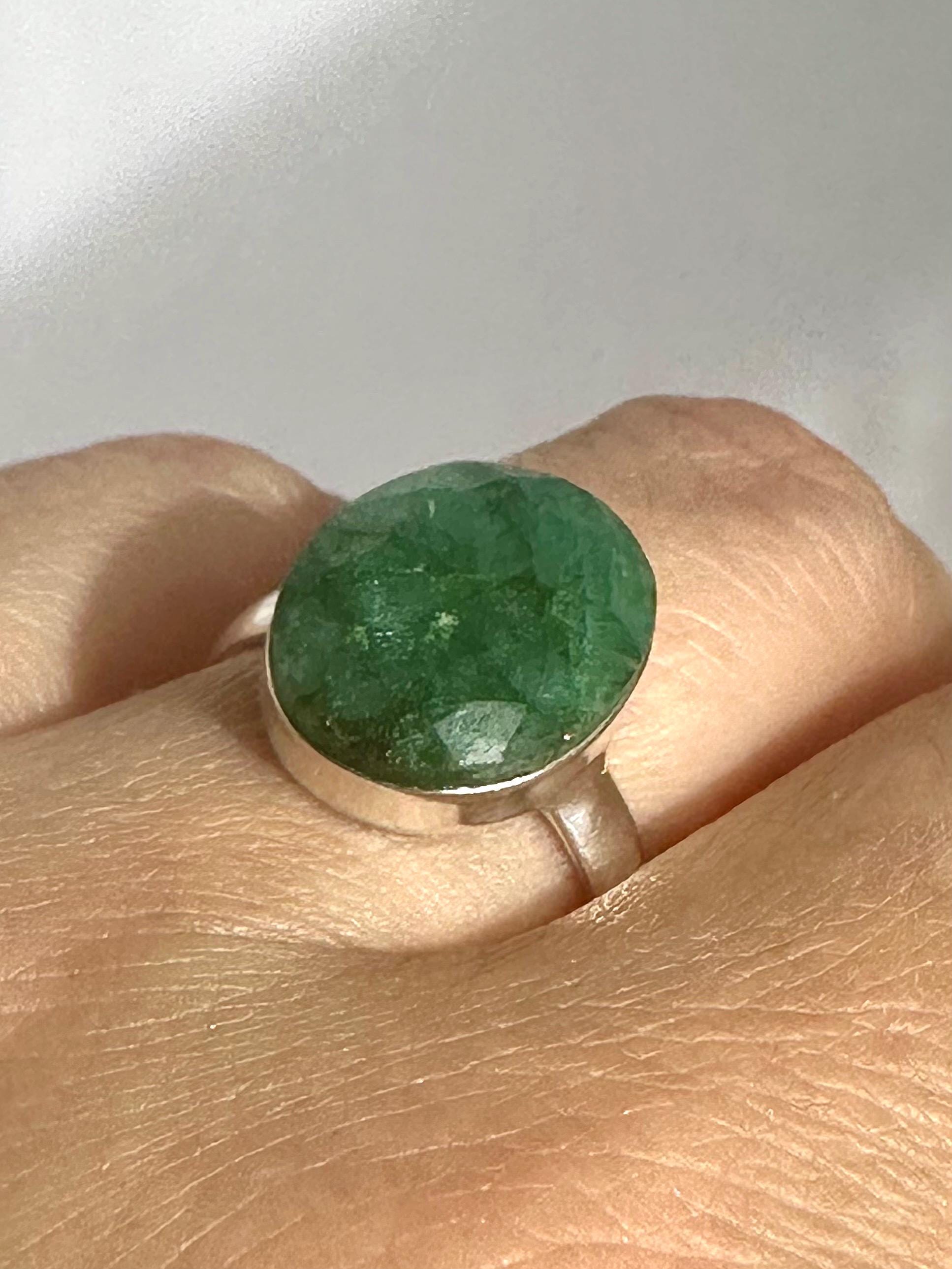 Raw Emerald Green Statement Ring, Large Faceted Oval Stone, Sterling Silver Bold Jewellery