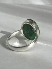 Raw Emerald Green Statement Ring, Large Faceted Oval Stone, Sterling Silver Bold Jewellery