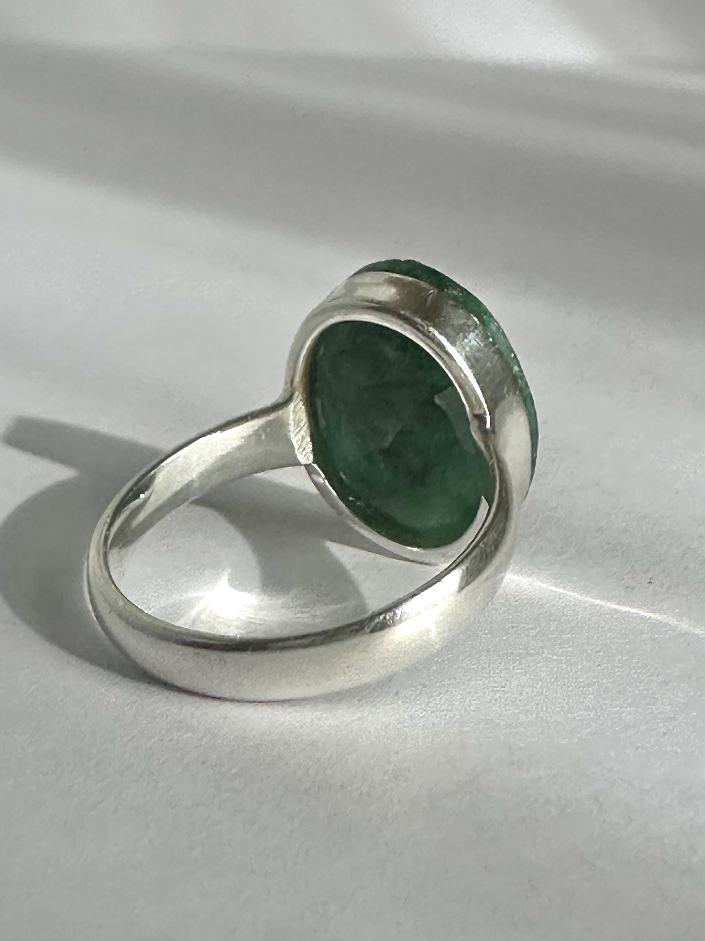 Raw Emerald Green Statement Ring, Large Faceted Oval Stone, Sterling Silver Bold Jewellery