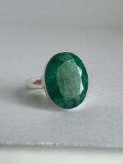 Raw Emerald Green Statement Ring, Large Faceted Oval Stone, Sterling Silver Bold Jewellery
