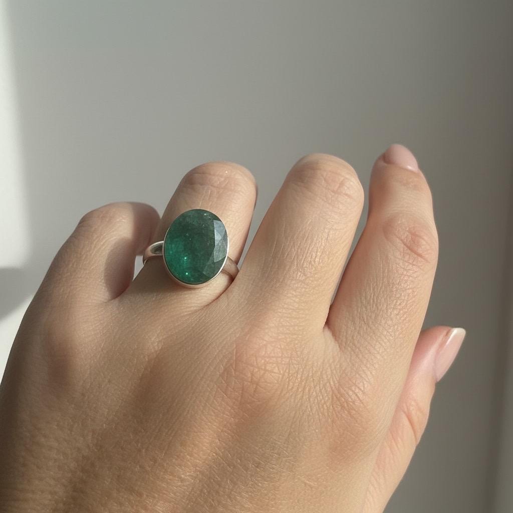 Raw Emerald Green Statement Ring, Large Faceted Oval Stone, Sterling Silver Bold Jewellery