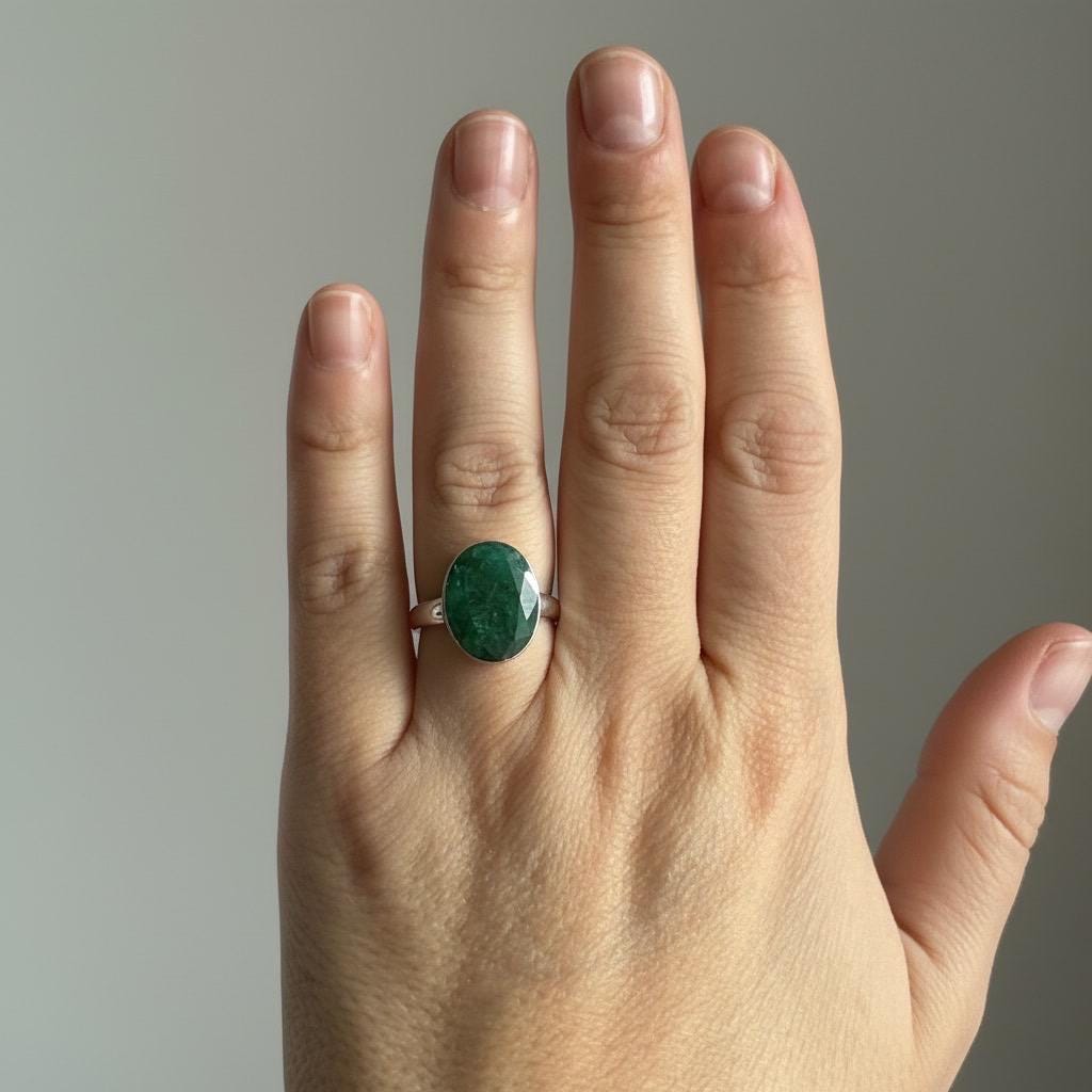 Raw Emerald Green Statement Ring, Large Faceted Oval Stone, Sterling Silver Bold Jewellery