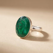 Raw Emerald Green Statement Ring, Large Faceted Oval Stone, Sterling Silver Bold Jewellery