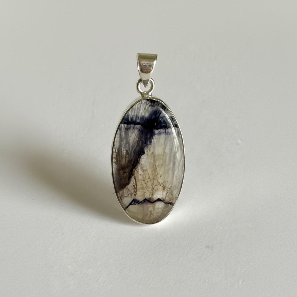 Blue John Oval Pendant 34×19 mm 925 Silver, Derbyshire Spar Cabochon, Handmade UK