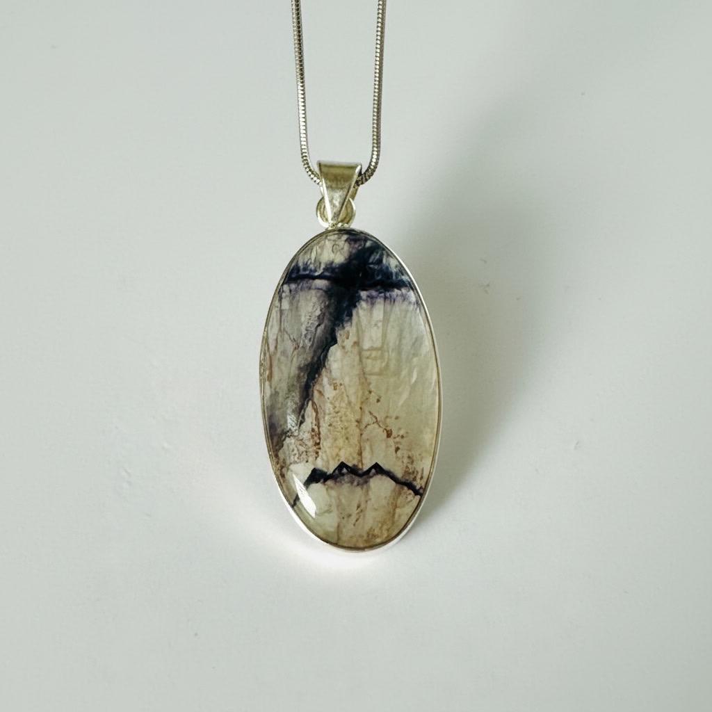 Blue John Oval Pendant 34×19 mm 925 Silver, Derbyshire Spar Cabochon, Handmade UK