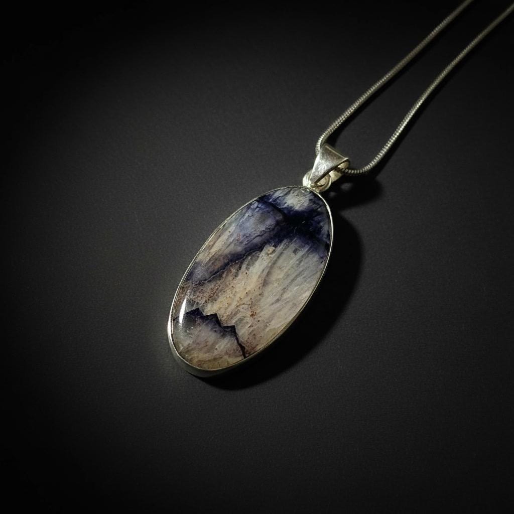 Blue John Oval Pendant 34×19 mm 925 Silver, Derbyshire Spar Cabochon, Handmade UK