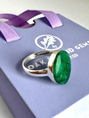 Raw Emerald Green Statement Ring, Large Faceted Oval Stone, Sterling Silver Bold Jewellery