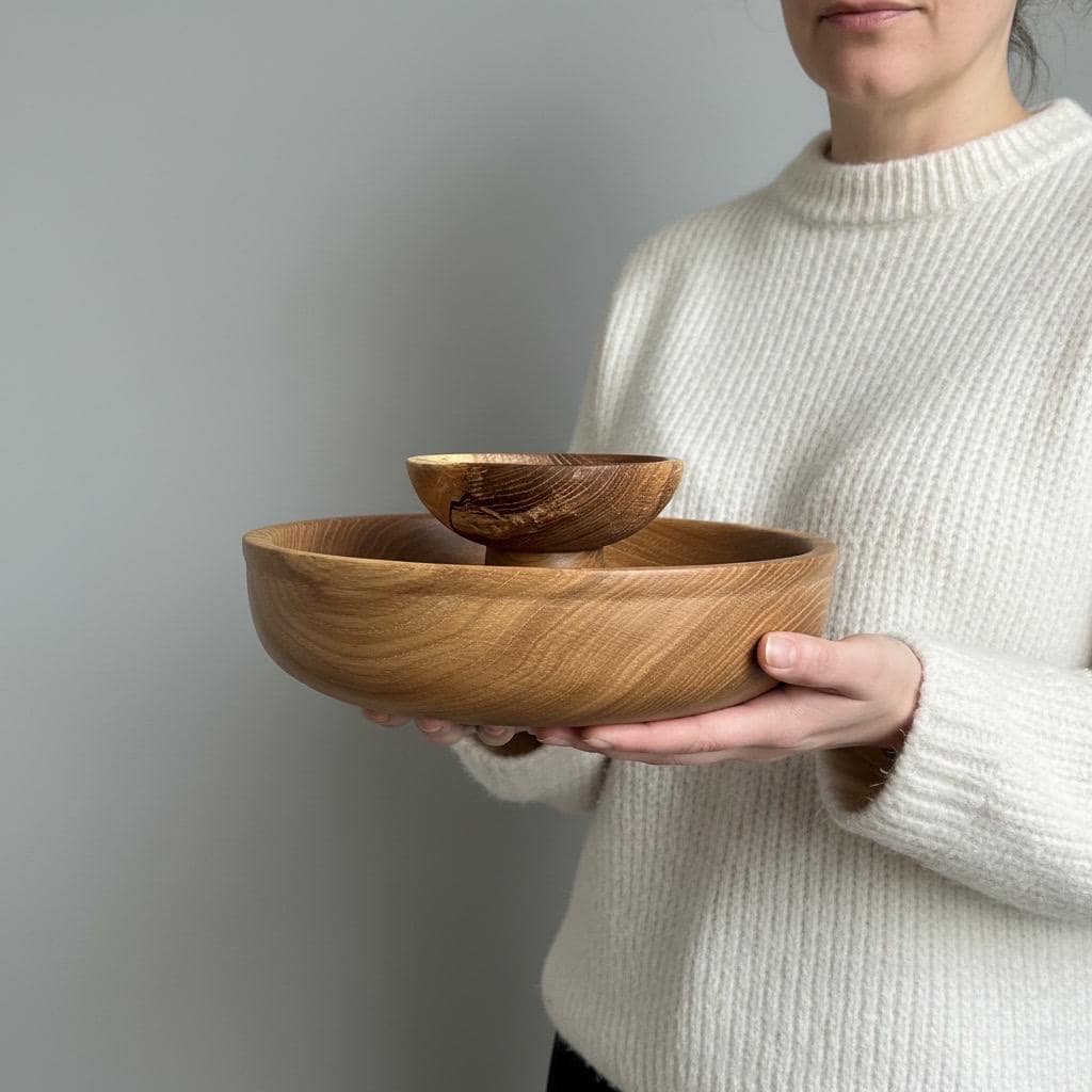 Large Solid Oak Pedestal Bowl Handmade Wooden Decorative Centrepiece