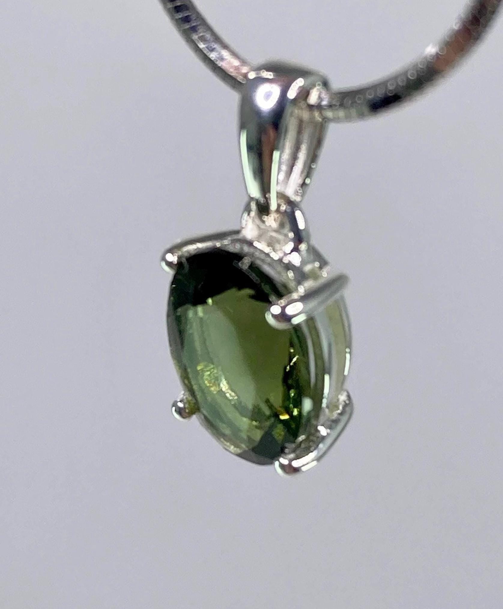 Faceted Natural Moldavite Pendant, Sterling Silver Oval Tektite Necklace