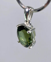 Faceted Natural Moldavite Pendant, Sterling Silver Oval Tektite Necklace