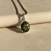 Faceted Natural Moldavite Pendant, Sterling Silver Oval Tektite Necklace