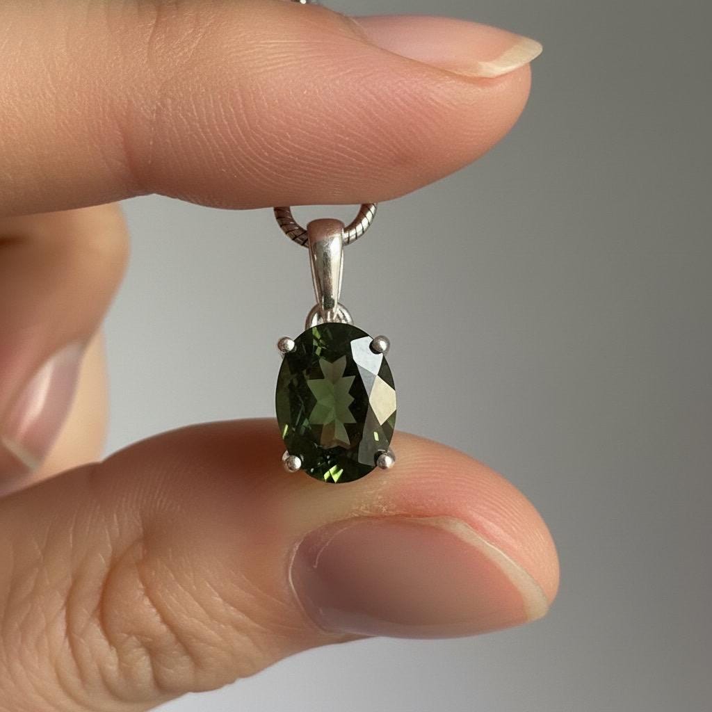 Faceted Natural Moldavite Pendant, Sterling Silver Oval Tektite Necklace