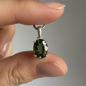 Faceted Natural Moldavite Pendant, Sterling Silver Oval Tektite Necklace