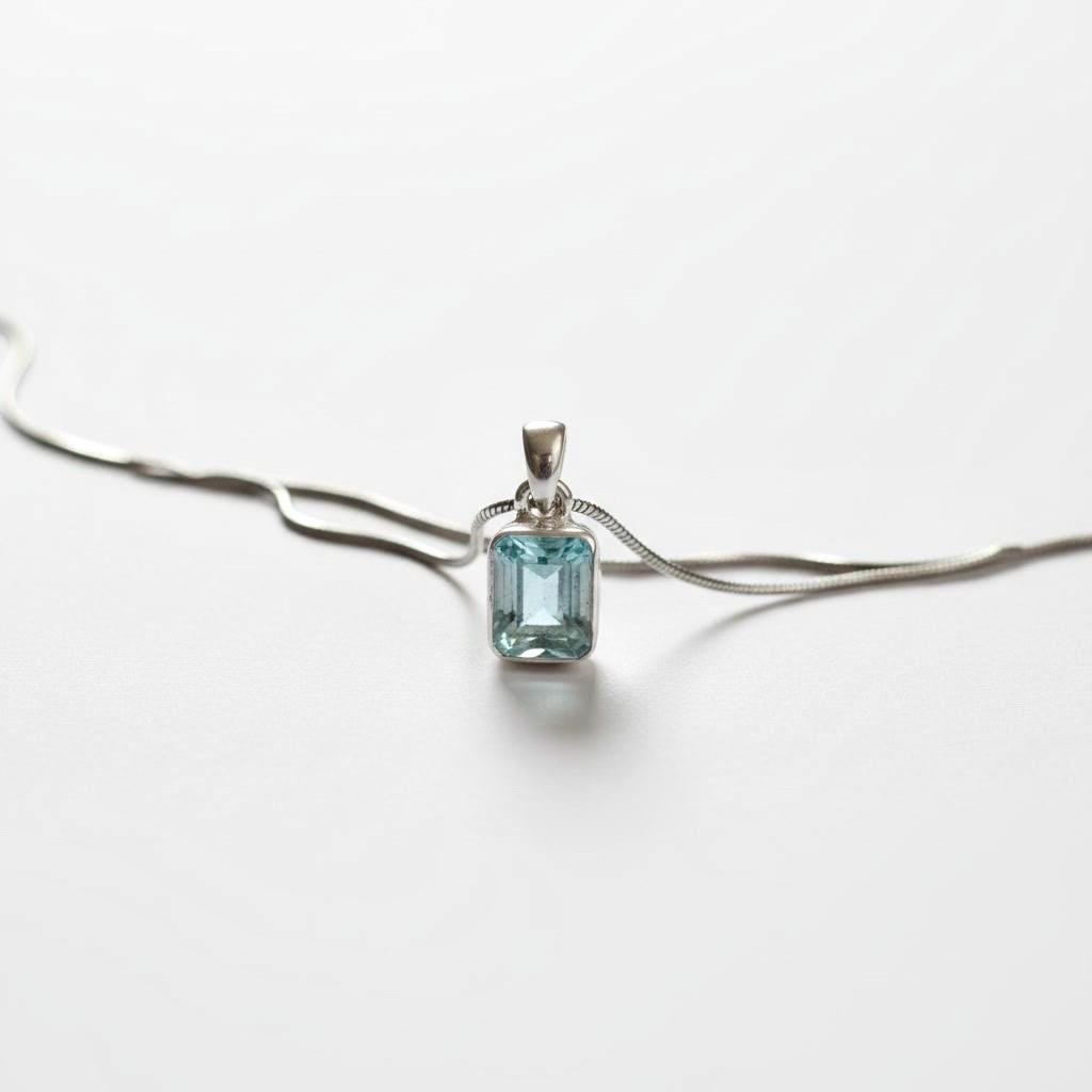 Emerald Cut Faceted Natural Aquamarine Sterling Silver Pendant