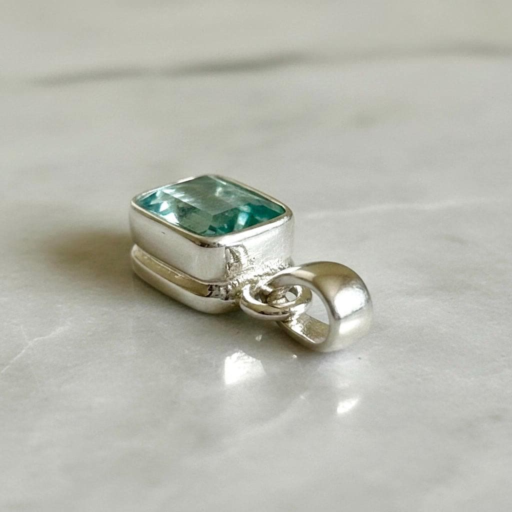 Emerald Cut Faceted Natural Aquamarine Sterling Silver Pendant