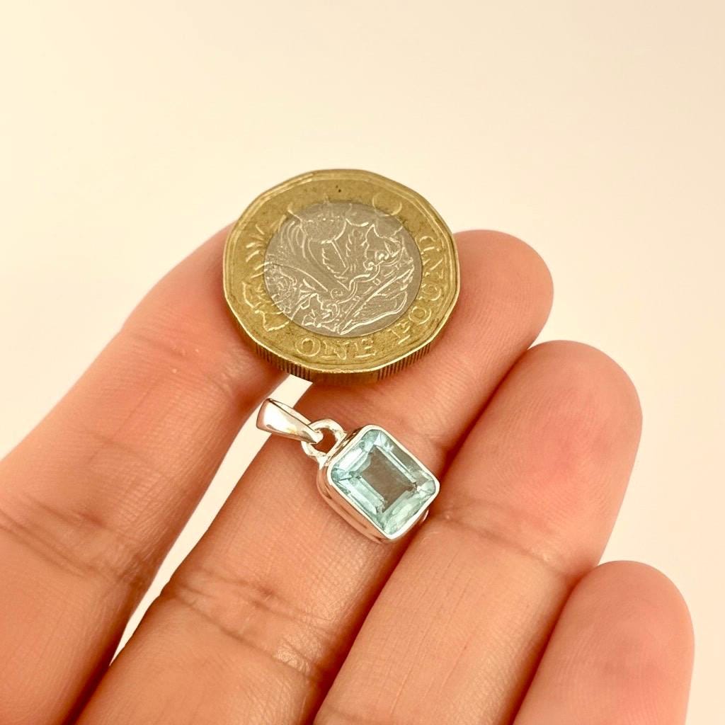 Emerald Cut Faceted Natural Aquamarine Sterling Silver Pendant
