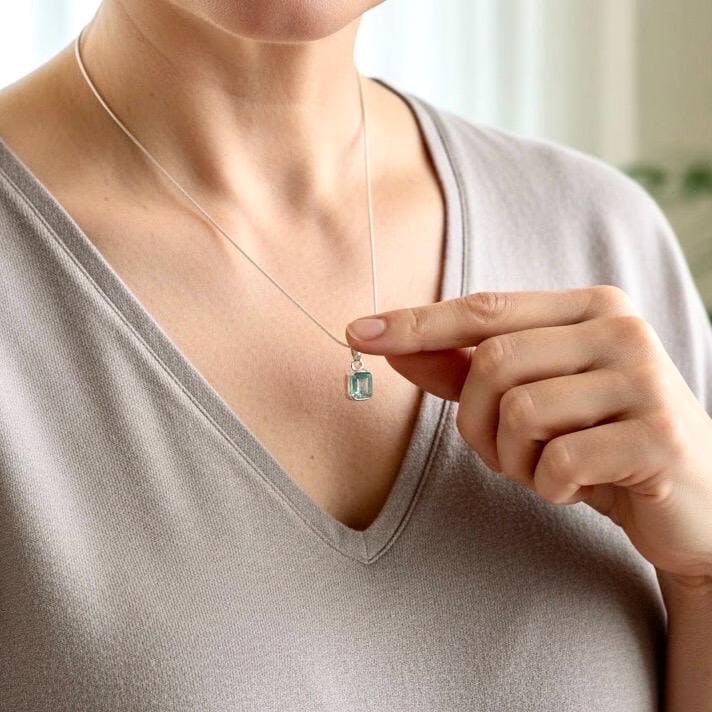 Emerald Cut Faceted Natural Aquamarine Sterling Silver Pendant