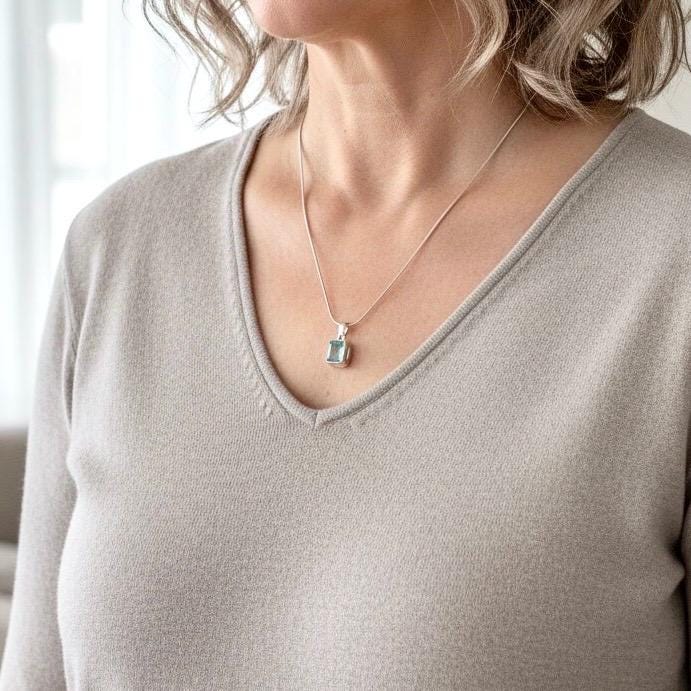 Emerald Cut Faceted Natural Aquamarine Sterling Silver Pendant