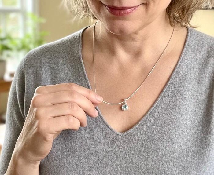 Round Cut Faceted Natural Aquamarine Sterling Silver Pendant