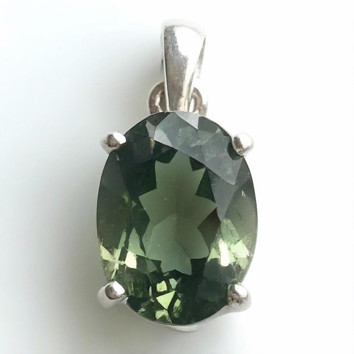 Faceted Natural Moldavite Pendant, Sterling Silver Oval Tektite Necklace