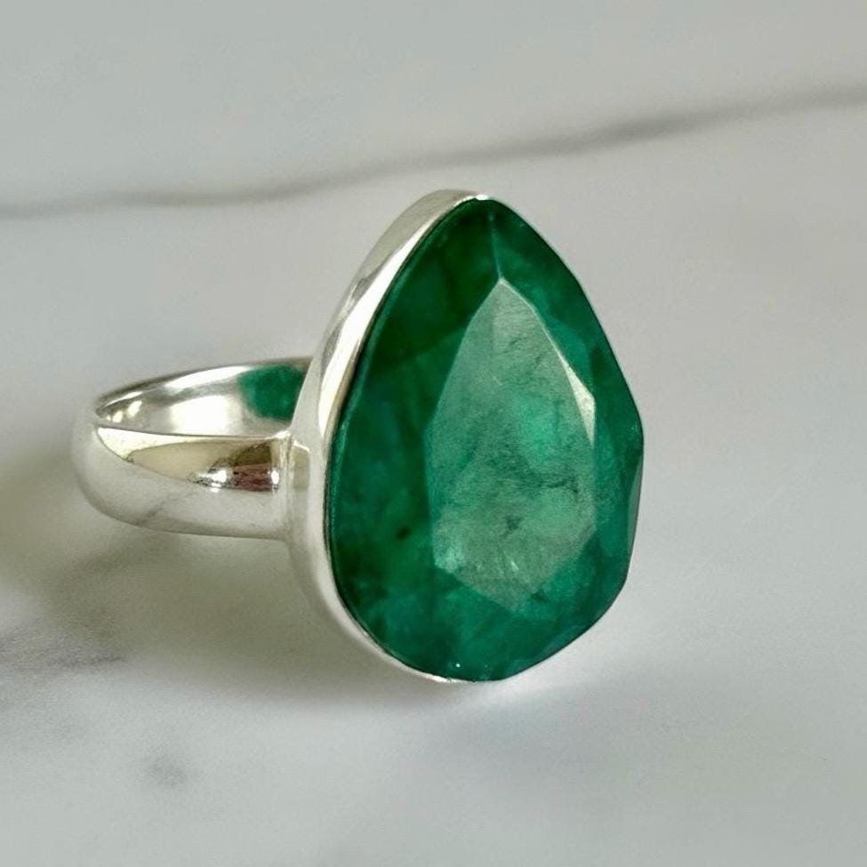 Raw Emerald Green Statement Ring, Large Faceted Teardrop Stone, Sterling Silver Bold Jewellery