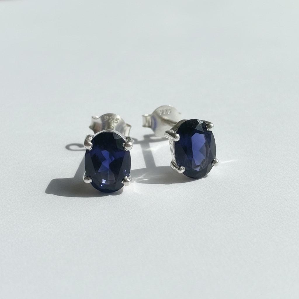 Natural Iolite Stud Earrings in 925 Sterling Silver, Oval Blue Violet Gemstone Gift