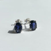 Natural Iolite Stud Earrings in 925 Sterling Silver, Oval Blue Violet Gemstone Gift