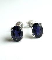 Natural Iolite Stud Earrings in 925 Sterling Silver, Oval Blue Violet Gemstone Gift
