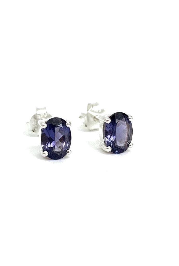 Natural Iolite Stud Earrings in 925 Sterling Silver, Oval Blue Violet Gemstone Gift