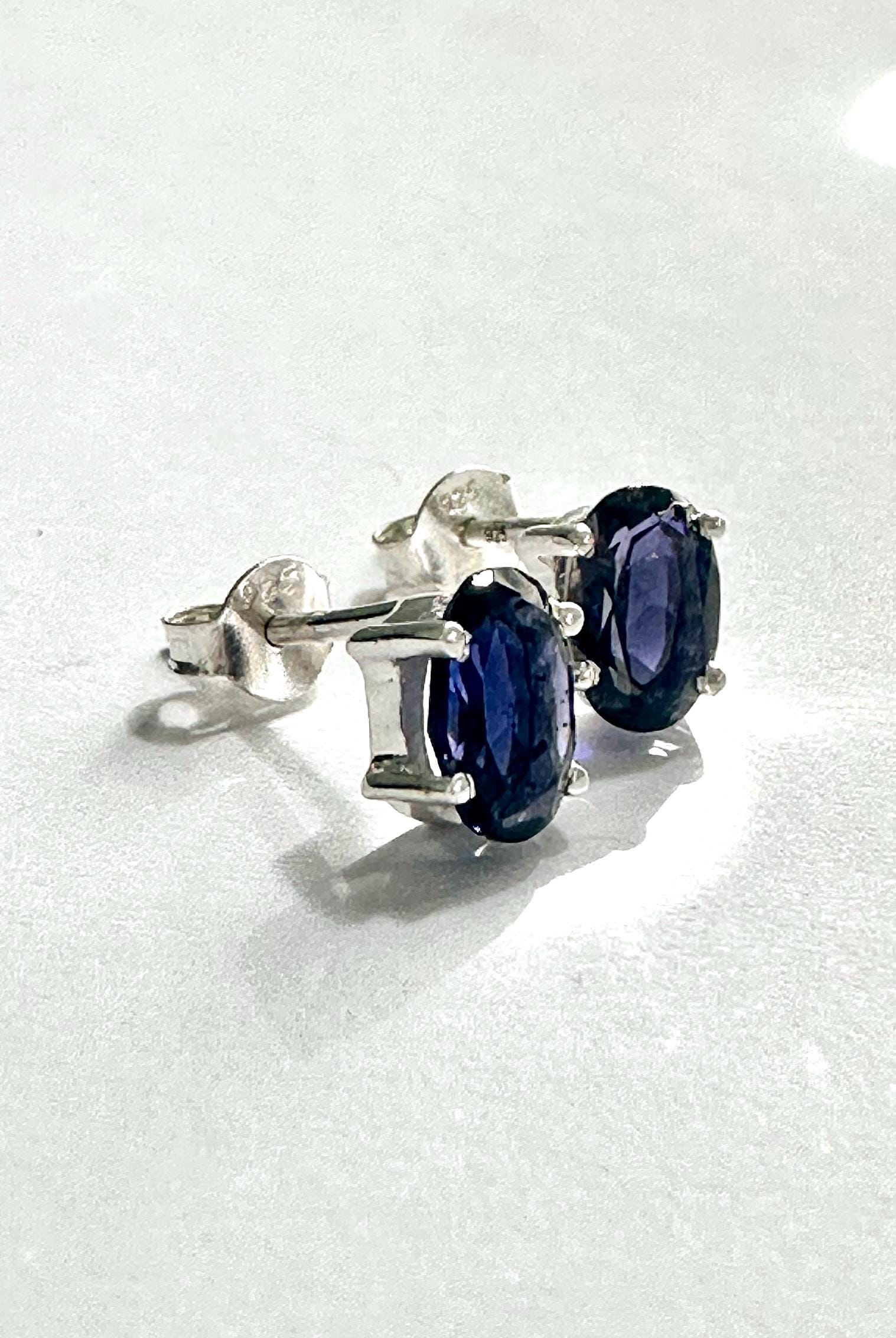 Natural Iolite Stud Earrings in 925 Sterling Silver, Oval Blue Violet Gemstone Gift