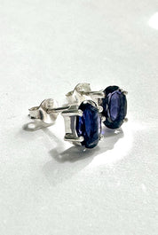 Natural Iolite Stud Earrings in 925 Sterling Silver, Oval Blue Violet Gemstone Gift