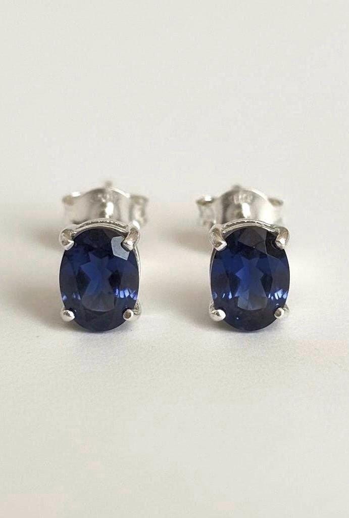 Natural Iolite Stud Earrings in 925 Sterling Silver, Oval Blue Violet Gemstone Gift