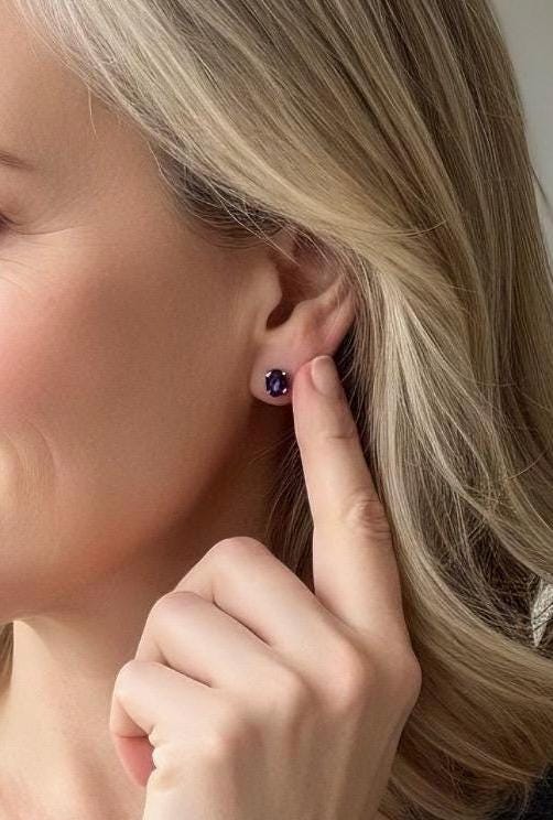 Natural Iolite Stud Earrings in 925 Sterling Silver, Oval Blue Violet Gemstone Gift