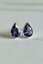 Natural Iolite Teardrop Stud Earrings, 925 Sterling Silver Blue Violet Gemstone