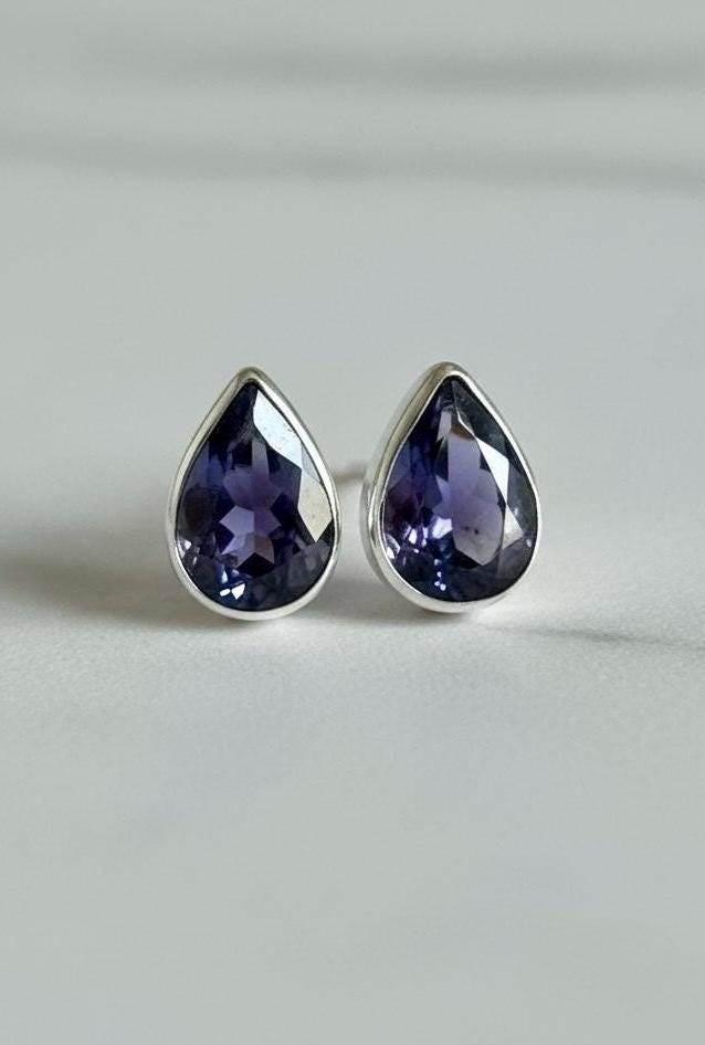 Natural Iolite Teardrop Stud Earrings, 925 Sterling Silver Blue Violet Gemstone