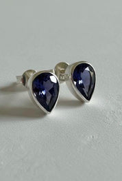 Natural Iolite Teardrop Stud Earrings, 925 Sterling Silver Blue Violet Gemstone
