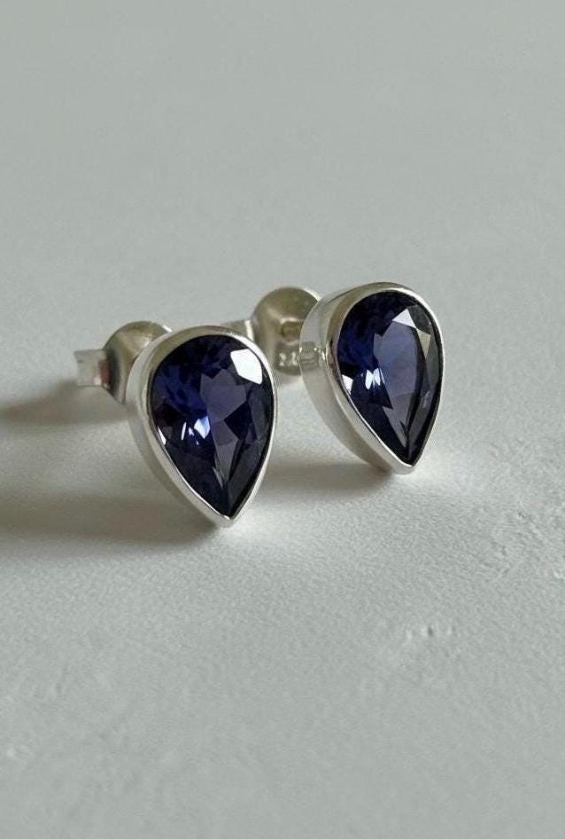 Natural Iolite Teardrop Stud Earrings, 925 Sterling Silver Blue Violet Gemstone