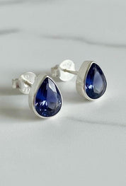 Natural iolite teardrop stud earrings 925 sterling silver blue violet gemstone UK