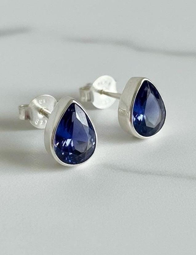 Natural iolite teardrop stud earrings 925 sterling silver blue violet gemstone UK