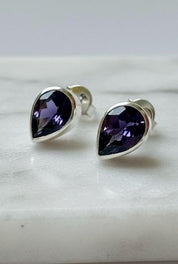 Natural Iolite Teardrop Stud Earrings, 925 Sterling Silver Blue Violet Gemstone
