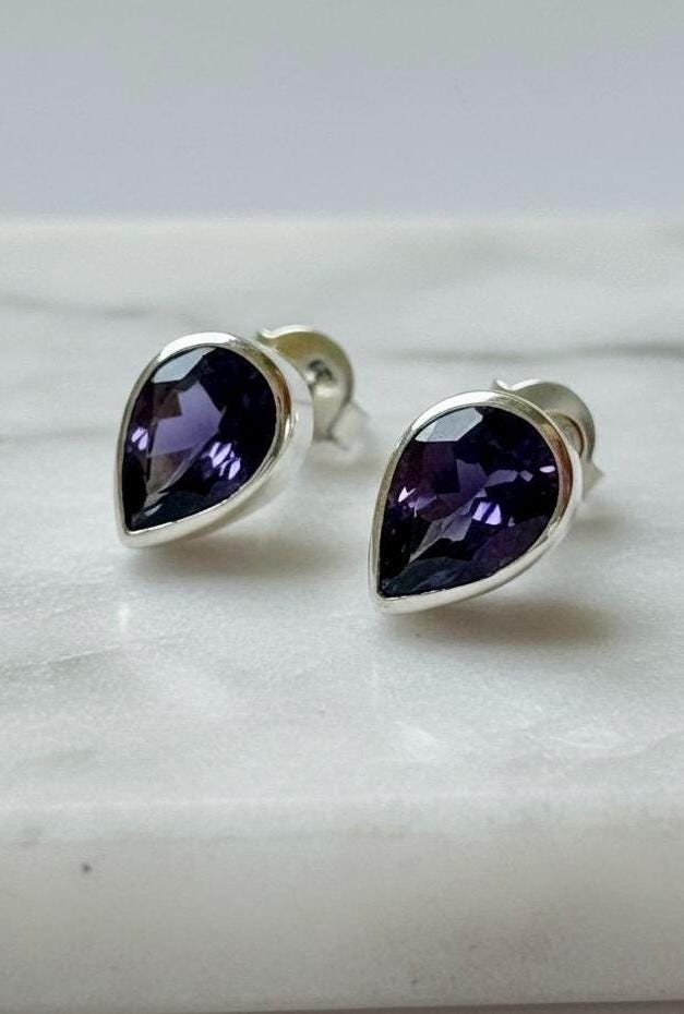 Natural Iolite Teardrop Stud Earrings, 925 Sterling Silver Blue Violet Gemstone