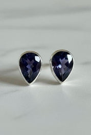 Natural Iolite Teardrop Stud Earrings, 925 Sterling Silver Blue Violet Gemstone