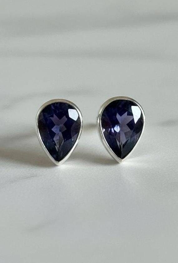 Natural Iolite Teardrop Stud Earrings, 925 Sterling Silver Blue Violet Gemstone