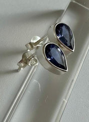 Natural Iolite Teardrop Stud Earrings, 925 Sterling Silver Blue Violet Gemstone